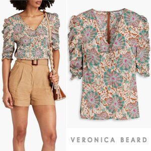 Veronica Beard Henrieta Paisley Floral Ruched Silk Blouse 3/4 Sleeve